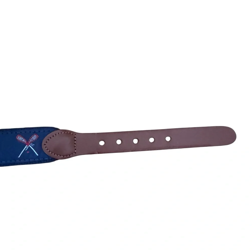 Leather Man Embroidered Lacrosse Belt Brass Buckle Leather Trim Navy Size 30